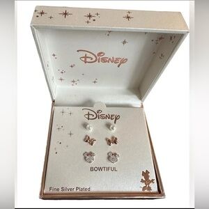 Stud Earring Set Disney Minnie 3 Pair Silver Plated Rose Gold Bows Pearls NIB